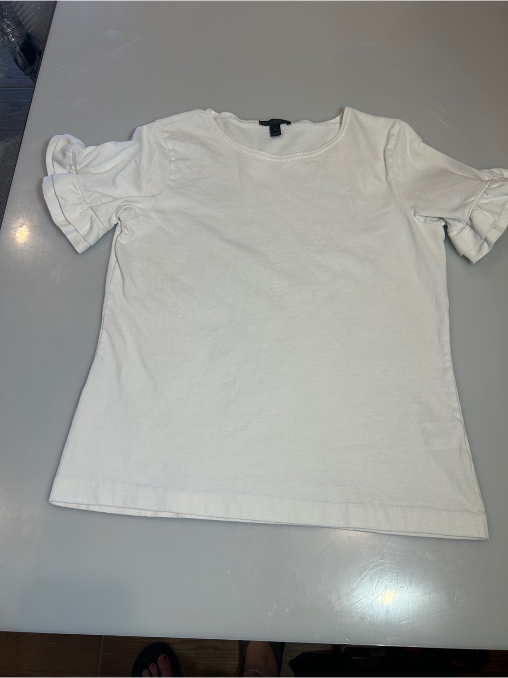 J. Crew White Ruffle Short Sleeve Crewneck Knit Tee Shirt Top Size S